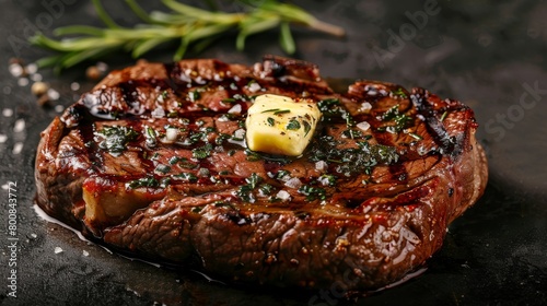 Ribeye steak, ideally grilled, glistening with garlic butter, set on an isolated backdrop with precise studio lighting, captured in a raw style