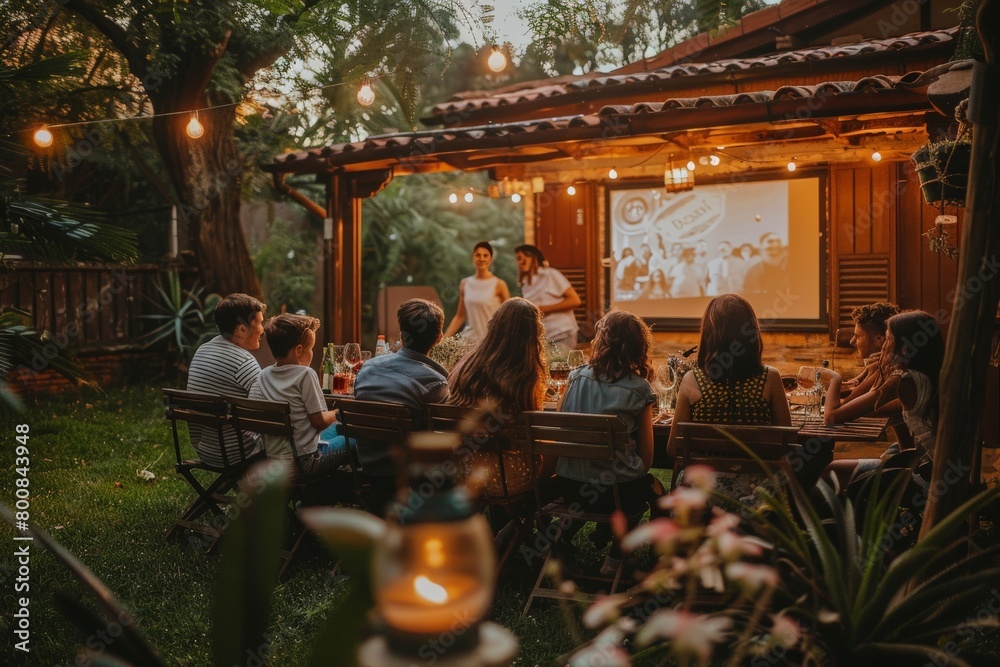 The delightful experience of a family having an outdoor movie night in summer.