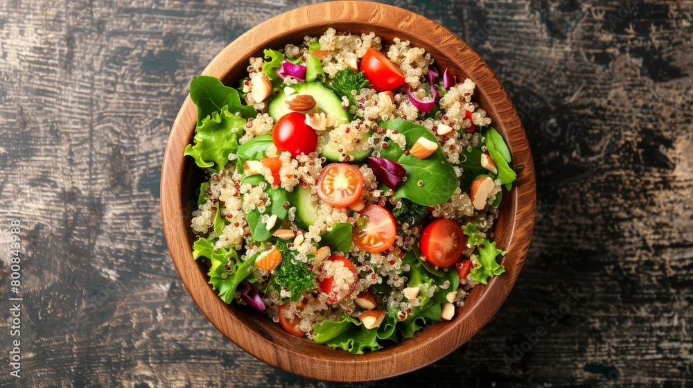 Quinoa salad with mixed greens, cherry tomatoes, and nuts, served in a wooden bowl, top view, studio lighting to capture the freshness
