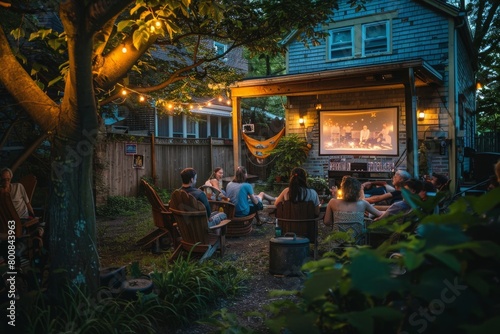 The delightful experience of a family having an outdoor movie night in summer. © Nattadesh