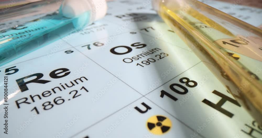 Chemical elements and test tubes with yellow and blue liquids on the periodic table of chemical elements
