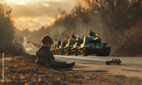 Boys playing with toy cars on the side of the road in front of a convoy of Allied tanks