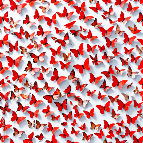 Many bright red butterflies On a white background, smooth, clean sheets with separate patterns arranged on a white background, generated by AI.