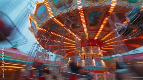 A blurred image showing a colorful carnival ride in motion, with streaks of light and a sense of speed and excitement. The vibrant lights and shapes create a dynamic and thrilling atmosphere.