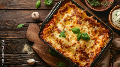 Overhead shot of lasagna in a rustic baking dish, bubbly cheese and fresh basil, kitchen table setting, warm tones