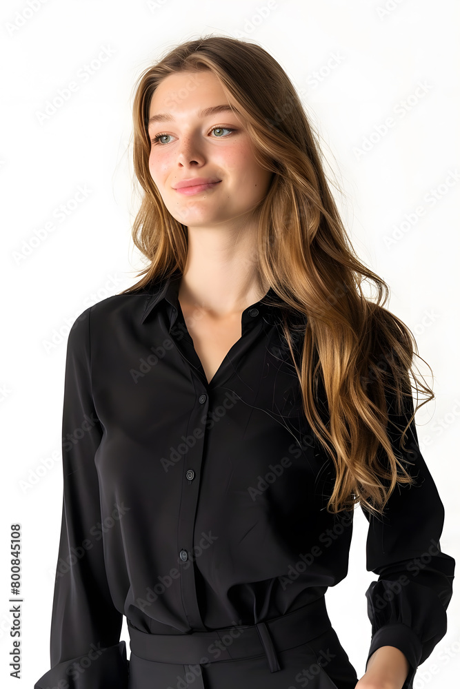 Portrait of a business woman wearing black coat white background isolated Portrait of a business woman wearing black coat white background isolated