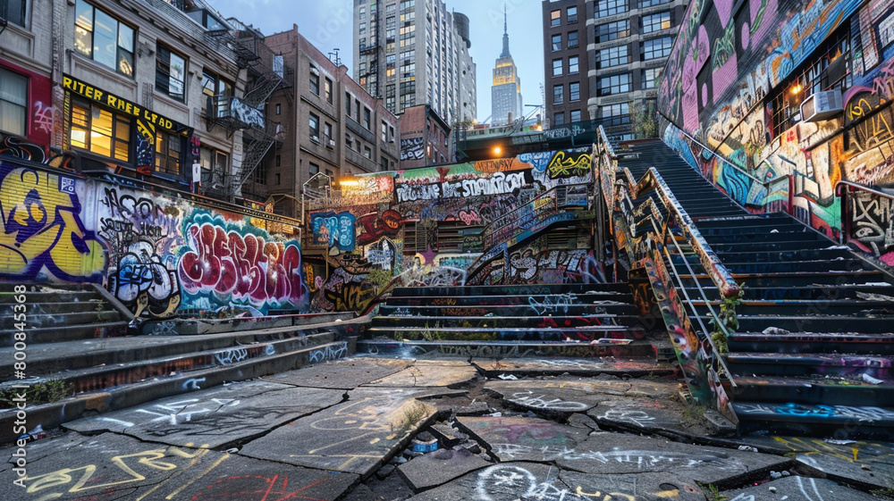 The raw energy of a cityscape captured through the juxtaposition of harsh cracked concrete and the lively, free-spirited nature of graffiti tags