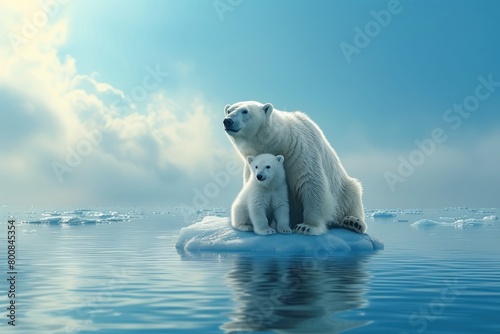 Two polar bears sitting on an iceberg. Generative AI