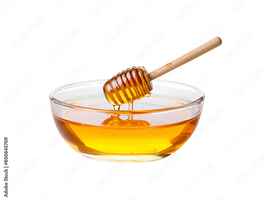 A clear glass bowl filled with golden honey, with a wooden dipper dripping honey, isolated on transparent background. Generative AI A clear glass bowl filled with golden honey, with a wooden dipper dripping honey, isolated on transparent background. Generative AI