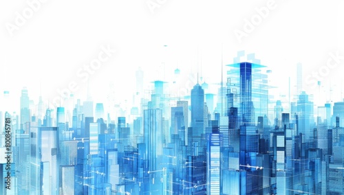 Abstract blue cityscape with skyscrapers on white background