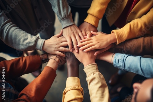 Group of people stacking hands together. Generative AI