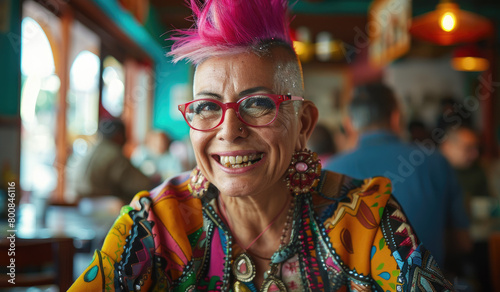 a beautiful mixed race woman with a pink mohawk hairstyle, smiling and wearing colorful glasses