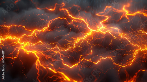 Against a canvas of dark, stormy grey, bright flashes of plexus lines in neon orange and yellow crisscross, creating the effect of lightning bolts in a turbulent sky,