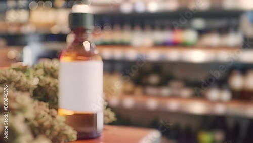 Focusing on a tincture bottle with a blank logo on it surrounded by marijuana buds sitting on a shelf in a cannabis dispensary photo