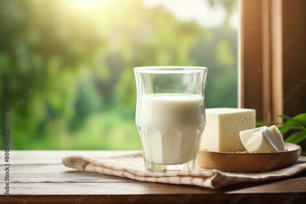 Glass of Milk on Wooden Table. Generative AI Glass of Milk on Wooden Table. Generative AI