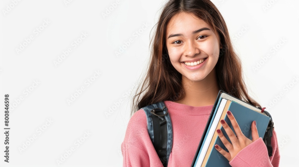 Smiling Asian female student with textbooks in her hands on a white background. Training and education, student life. Smiling Asian female student with textbooks in her hands on a white background. Training and education, student life.