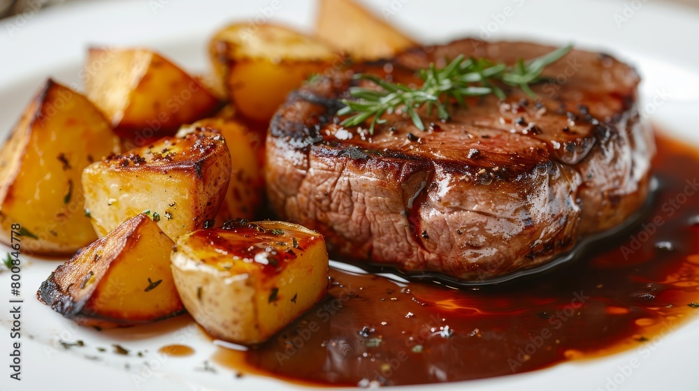 Luxurious filet mignon in a rich demi-glace, served with golden roasted potatoes, soft studio lighting, on a clean, isolated backdrop Luxurious filet mignon in a rich demi-glace, served with golden roasted potatoes, soft studio lighting, on a clean, isolated backdrop