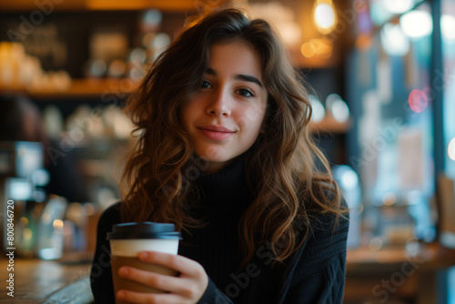 Portrait of beautiful young woman drinking coffee in cafe on weekend. Relaxation  lifestyle concept