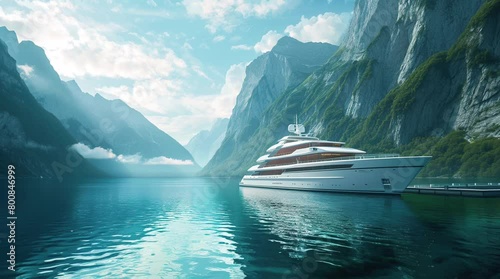 Secluded Luxury: A majestic luxury ship glides serenely through the calm waters nestled between rugged rock cliffs, Seamless looping 4k time-lapse virtual video animation background. Generated AI photo