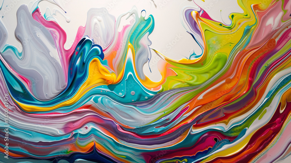 Swirling streaks of vivid hues meld together in an intricate display on a smooth, white surface.