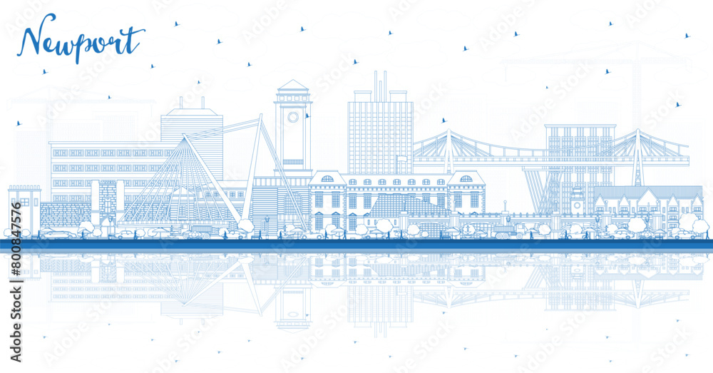 Outline Newport Wales City Skyline with Blue Buildings and reflections. Newport UK Cityscape with Landmarks. Business Travel and Tourism Concept with Historic Architecture.