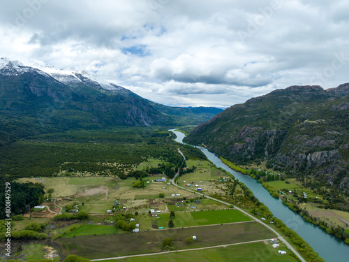 aerial view of the majestic Futaleufu River on a cloudy day with little light, near the Chile-Argentina border