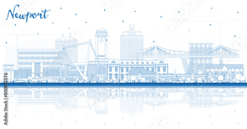 Outline Newport Wales City Skyline with Blue Buildings and reflections. Newport UK Cityscape with Landmarks. Business Travel and Tourism Concept with Historic Architecture.