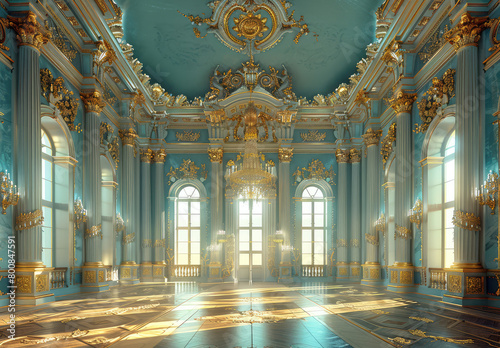 A beautiful ballroom in Peter and Paul's Castle, with golden ornaments on the ceiling and blue walls with white marble details. Created with Ai