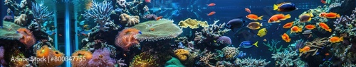 Reef tank  marine aquarium full of fishes and plants. Horizontal photo banner for website header  