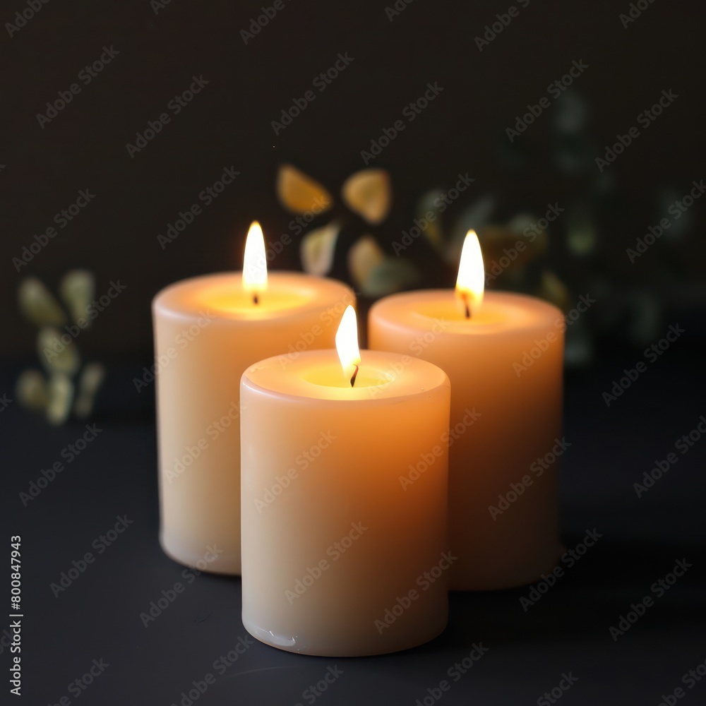 Three flickering candles illuminate the darkness, casting a warm glow against the black background, creating a serene and enchanting ambiance