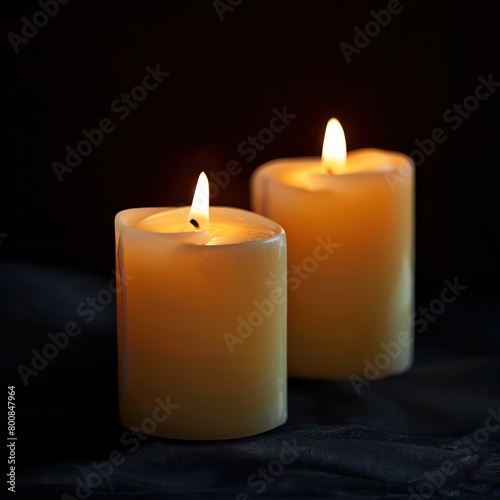 Three flickering candles illuminate the darkness  casting a warm glow against the black background  creating a serene and enchanting ambiance