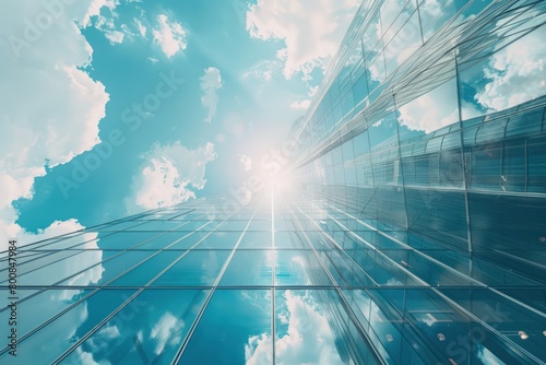 Modern glass skyscraper office building with blue sky. Generate AI image