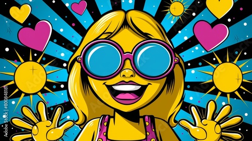  A cartoon of a woman in sunglasses, arms raised, surrounded by hearts and sunbursts