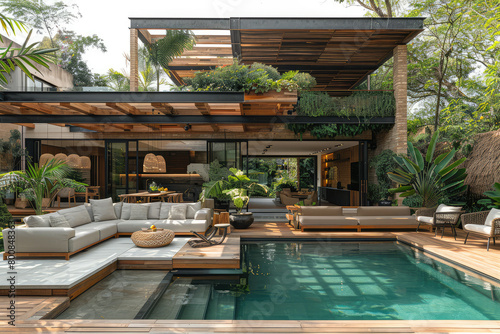  A modern, rustic style house with wooden accents and greenery in the garden, featuring an outdoor pool area surrounded by seating and plants. Created with Ai © Madiha