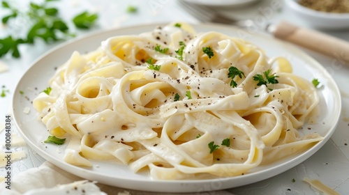 Luscious fettuccine Alfredo, rich and creamy, topped with parsley and black pepper, served on a bright white plate, studio lighting, isolated background