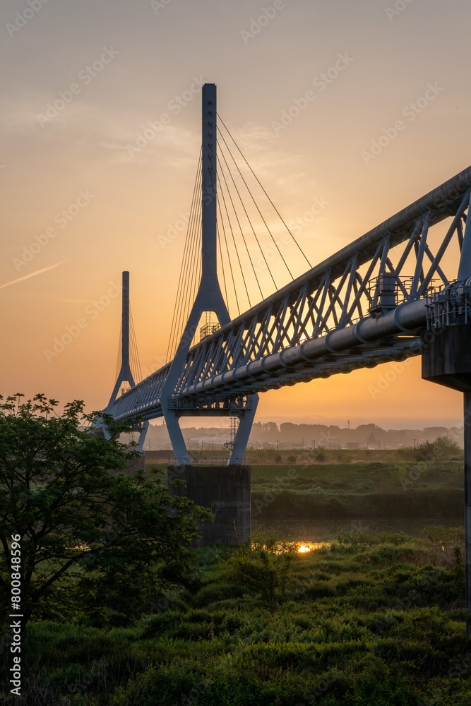 Naklejka premium 初夏の日の出と朝焼けに染まる雲 