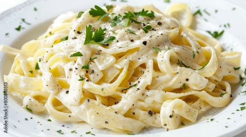 Luscious fettuccine Alfredo, rich and creamy, topped with parsley and black pepper, served on a bright white plate, studio lighting, isolated background