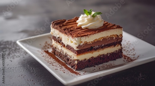 Layered mousse cake with visible textures of chocolate and vanilla  served with a quenelle of whipped cream  on a modern square plate  isolated background  studio lighting