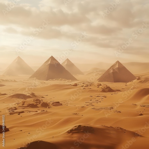 Amidst swirling dust in the vast desert, majestic pyramid structures rise, timeless monuments of awe-inspiring beauty and ancient mysteries © beatriz