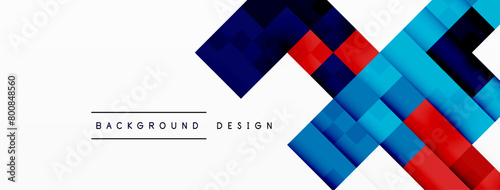 A creative artsinspired design featuring a pattern of rectangles, triangles, and parallel lines on an electric blue, red, and black geometric background with white borders