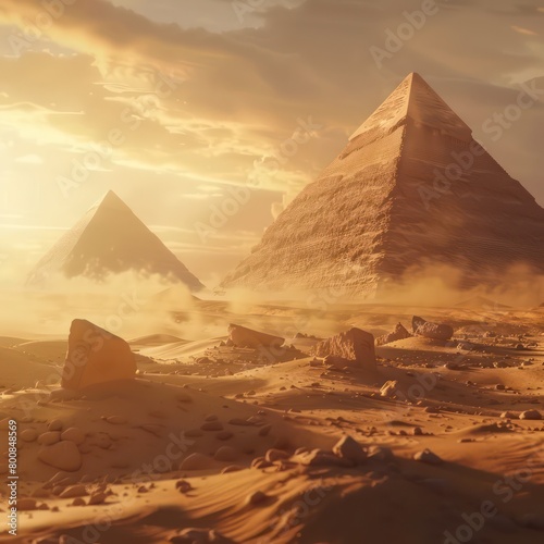 Amidst swirling dust in the vast desert, majestic pyramid structures rise, timeless monuments of awe-inspiring beauty and ancient mysteries