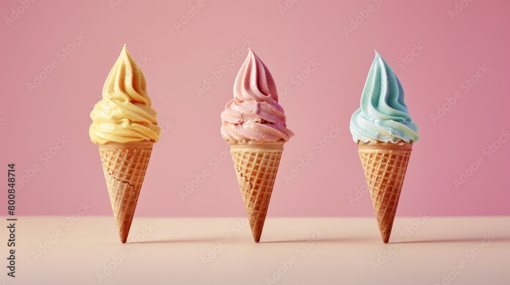 Italian gelato trio in crisp waffle cones, standing upright, bright pastel colors against a light backdrop Italian gelato trio in crisp waffle cones, standing upright, bright pastel colors against a light backdrop