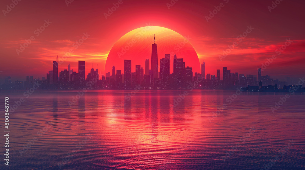 City silhouette with big red sun on horizon reflecting in the water