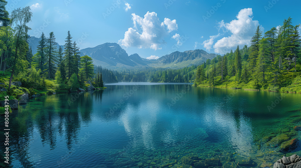  Beautiful panoramic view of the mountains and forest around an emerald lake in Poland. Created with Ai