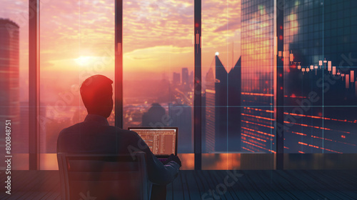 Man is watching the future life thought window of building with sunrise.