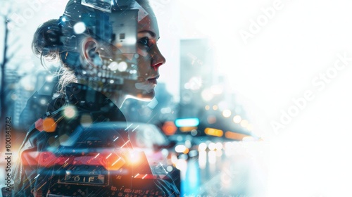 Policing and Police in society or community security for building trust as a blue law enforcement in social crowd as a policeman or policewoman as Crime Prevention symbol. Double exposure.