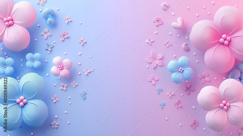   A pink and blue background with pink and blue flowers on the left side, and pink flowers on the right side Butterflies are present among the flowers on the left side