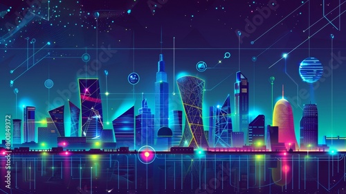 Visualize the concept of a technology-driven wireless mesh geometric network communication system in a smart city, with European architecture serving as a backdrop. This design banner highlights the i