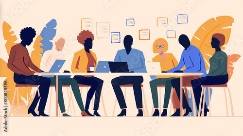 A diverse group of people sit around a table, talking to each other, and subtle outlines of other figures add depth to the scene. The illustration style uses simple shapes and flat colors to depict th