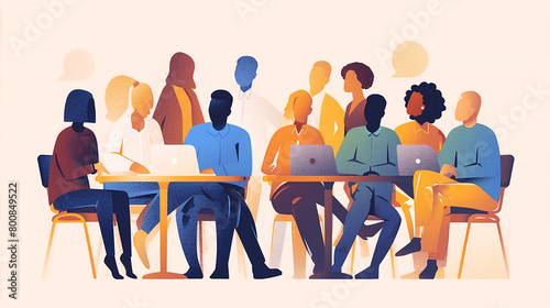 A diverse group of people sit around a table, talking to each other, and subtle outlines of other figures add depth to the scene. The illustration style uses simple shapes and flat colors to depict th